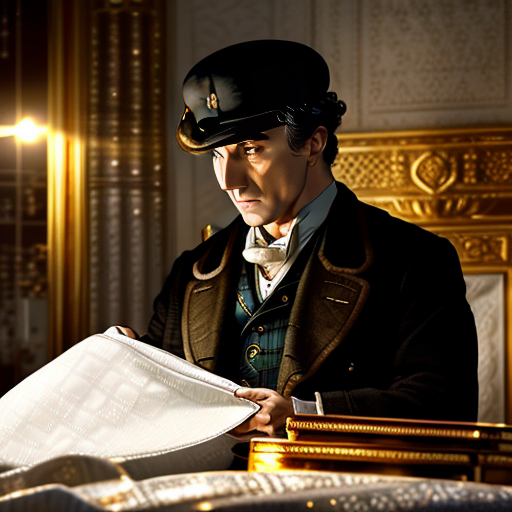 A dramatic shot of Sherlock Holmes meticulously examining a monogrammed handkerchief, its white fabric stark against piles of golden treasure, with a narrow beam of light illuminating the scene.